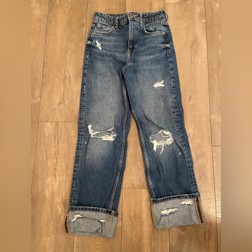 Zara Z1975 Ripped Turned up Cuff Jeans Mid Blue